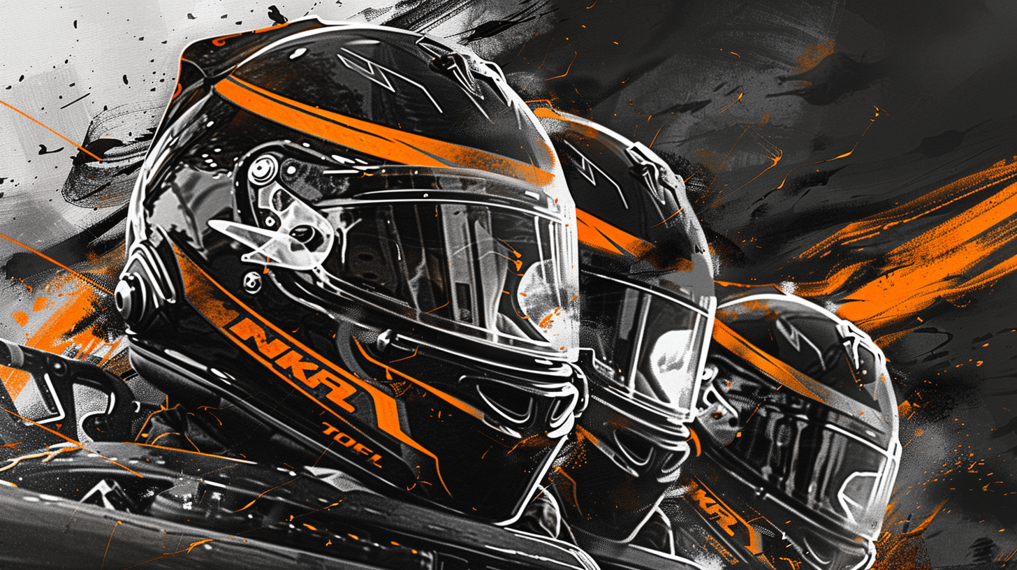 Two NKRL-branded racing helmets, editorial illustration