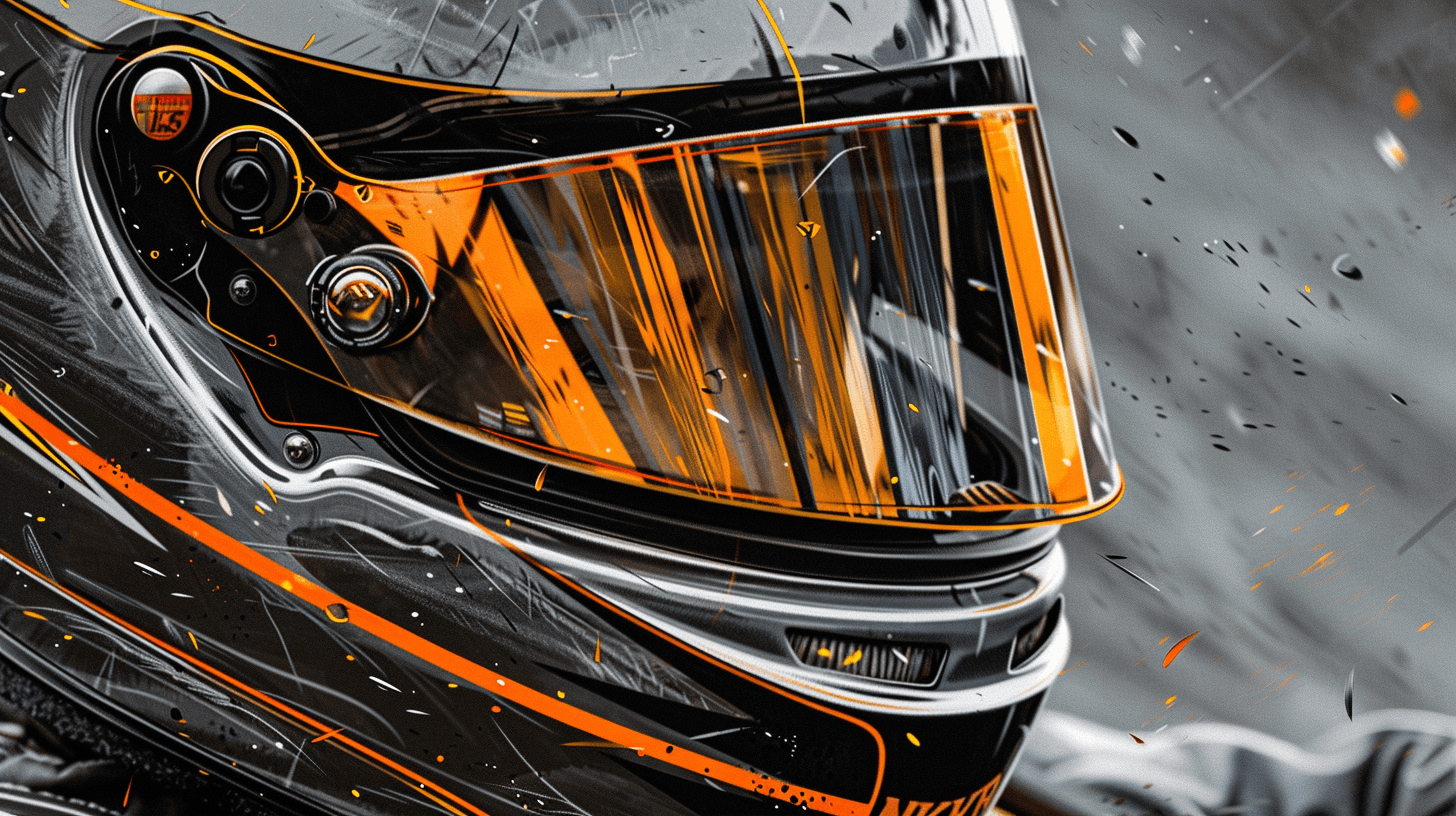 Premium close-up of an NKRL racing helmet with orange visor