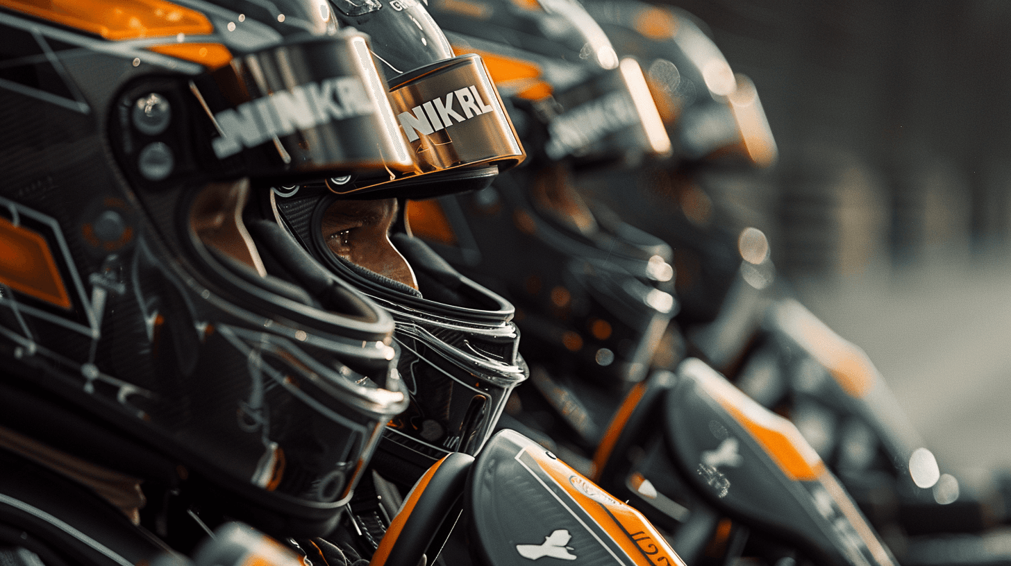 Row of helmeted NKRL racers in profile, aligned on the grid